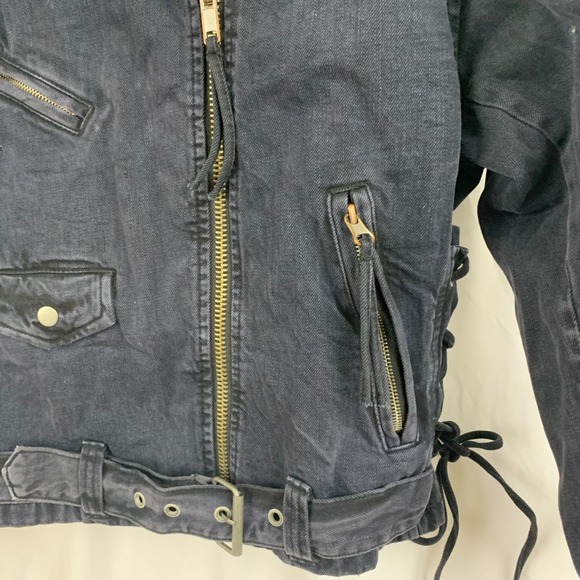 Free People Denim Moto Jacket Womens Small Black Oversized Corset Lace-Up Sides - Picture 8 of 16